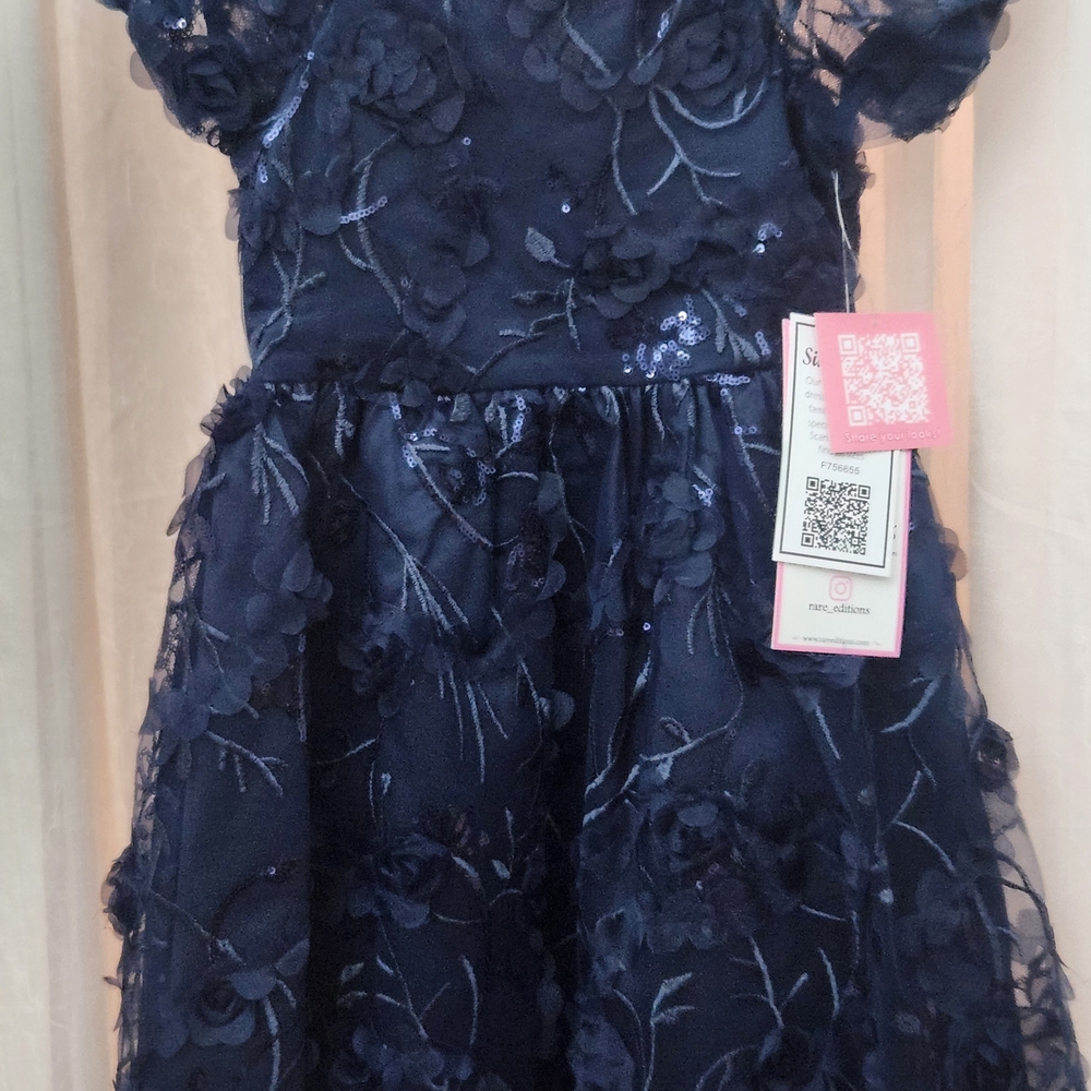 Rare Editions Navy Floral Sequin Party Dress w/Bubble Short Sleeves, S 5, NWT - Picture 5 of 5